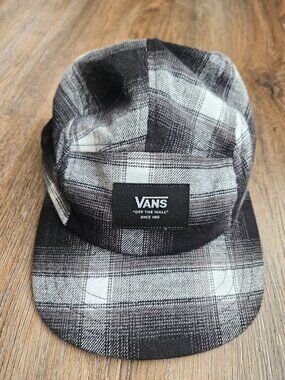 Vans Off The Wall Davis 5 Panel Camper Hat Plaid Flannel Grey Black White Cap
